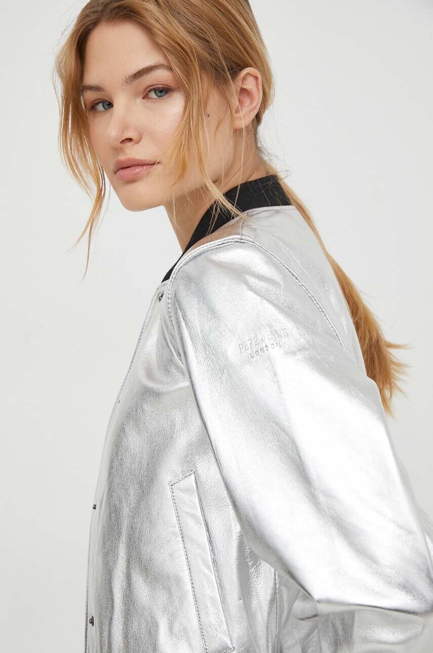 Шкіряна куртка Pepe Jeans SELENA жіноча колір срібний перехідна PL402325