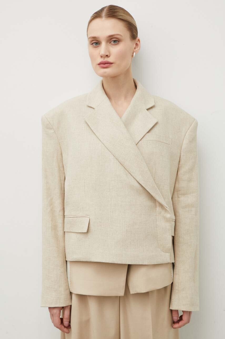 Льняний жакет Remain колір бежевий oversize однотонна