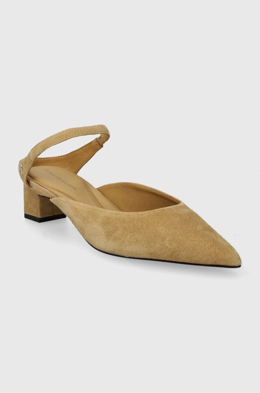 Замшеві туфлі Tommy Hilfiger TH POINTY MID HEEL LEATHER MULE колір бежевий каблук блок відкрита п'ята FW0FW07718
