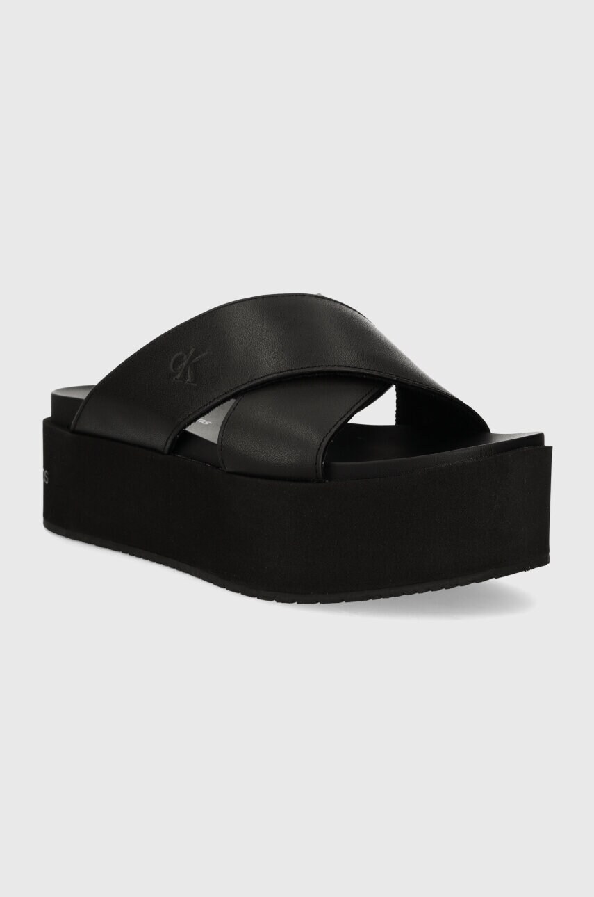 Шкіряні шльопанці Calvin Klein Jeans FLATFORM CROSS MG UC жіночі колір чорний на платформі
