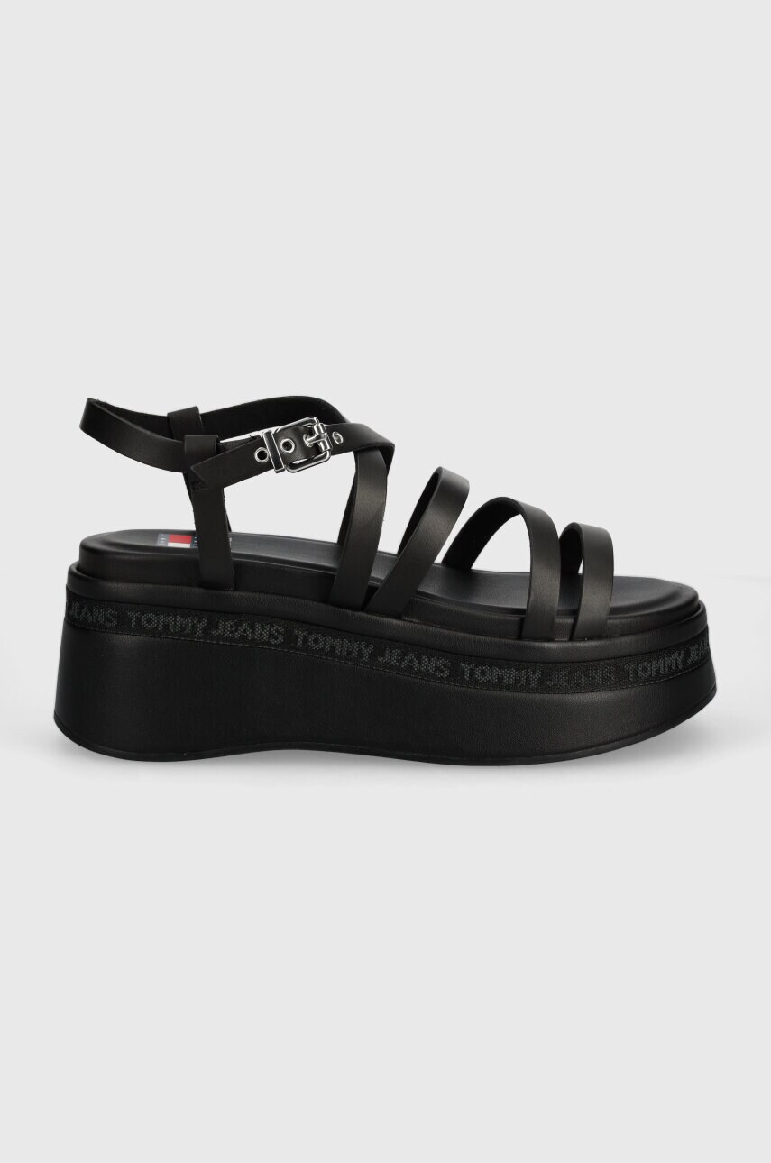 Шкіряні сандалі Tommy Jeans TJW STRAPPY WEDGE SANDAL колір чорний EN0EN02516