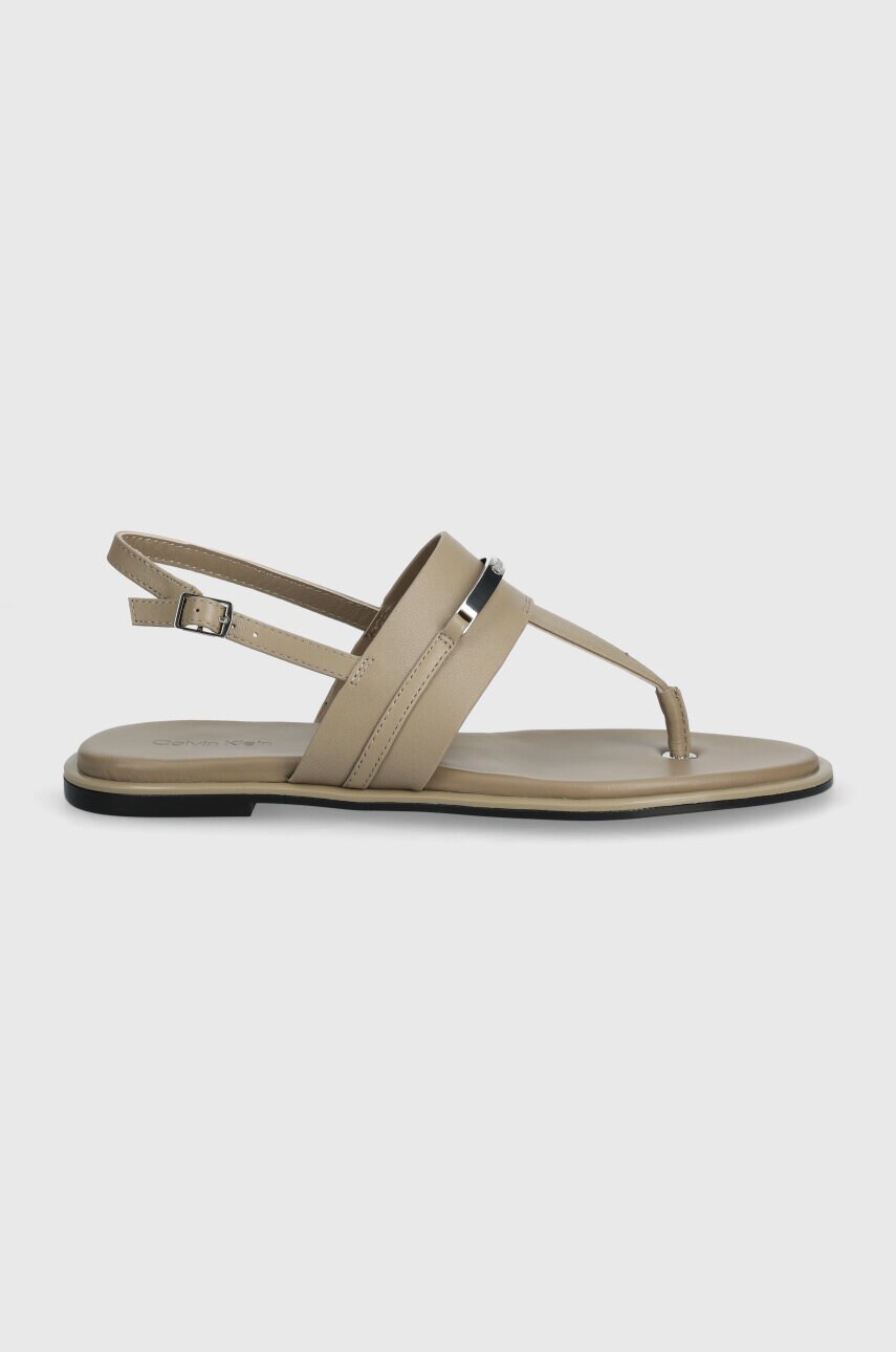 Шкіряні сандалі Calvin Klein FLAT TP SANDAL METAL BAR LTH жіночі колір бежевий HW0HW02031