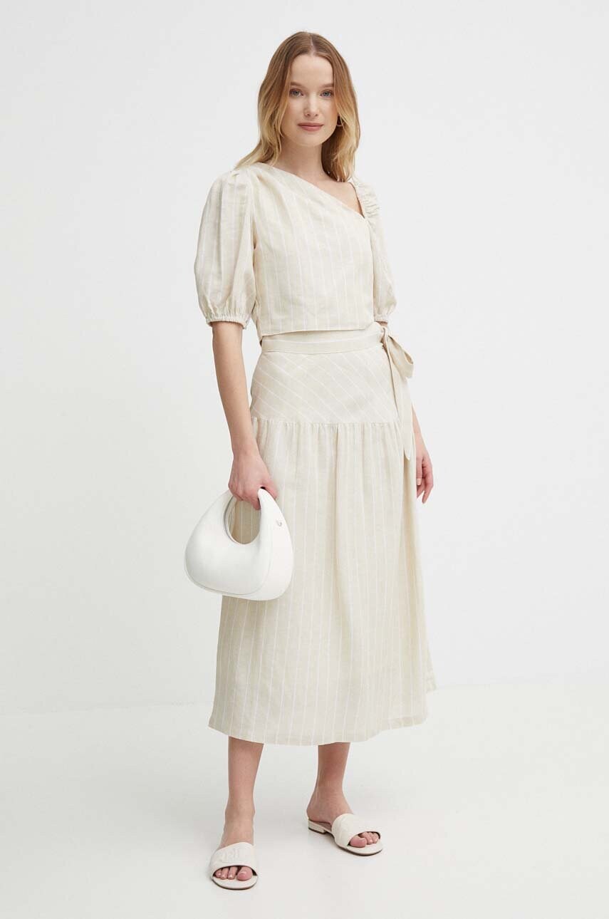 Льняна спідниця Pepe Jeans EFFIE колір бежевий midi розкльошена PL901125