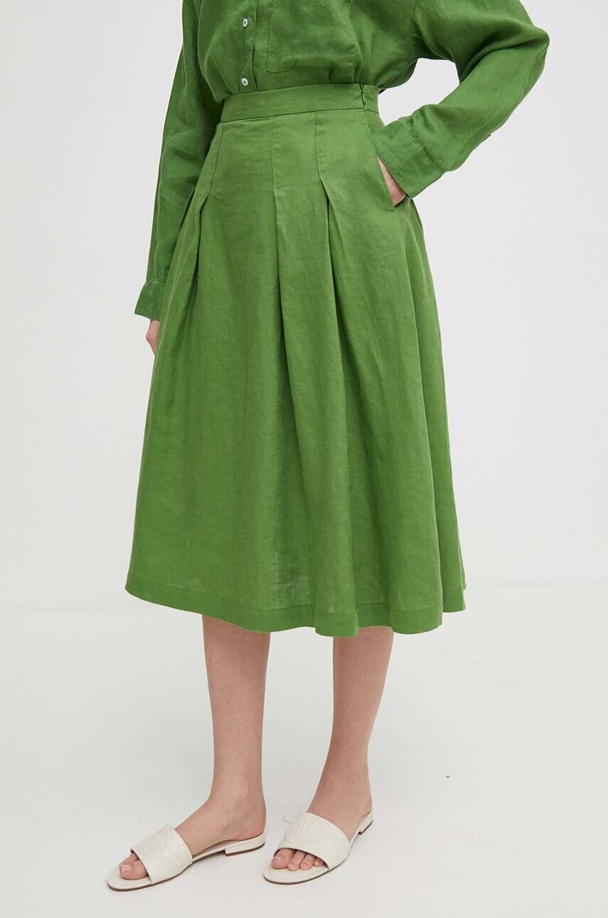Льняна спідниця United Colors of Benetton колір зелений midi розкльошена