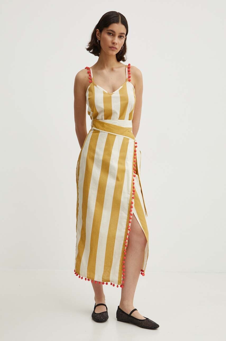 Спідниця з домішкою льону Never Fully Dressed Jaspre Skirt колір бежевий midi пряма NFDSK510
