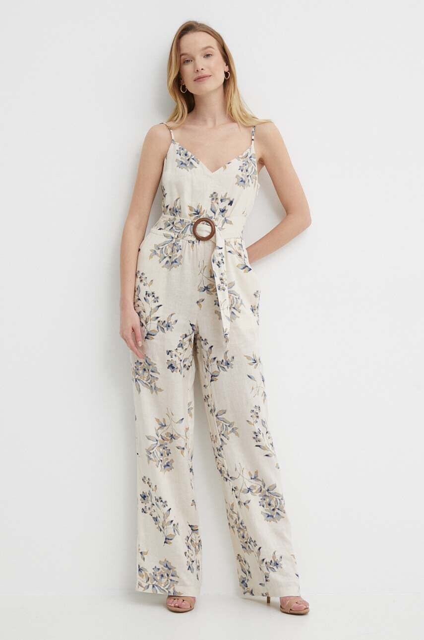 Лляний комбінезон Lauren Ralph Lauren колір бежевий декольте трикутник 200932900