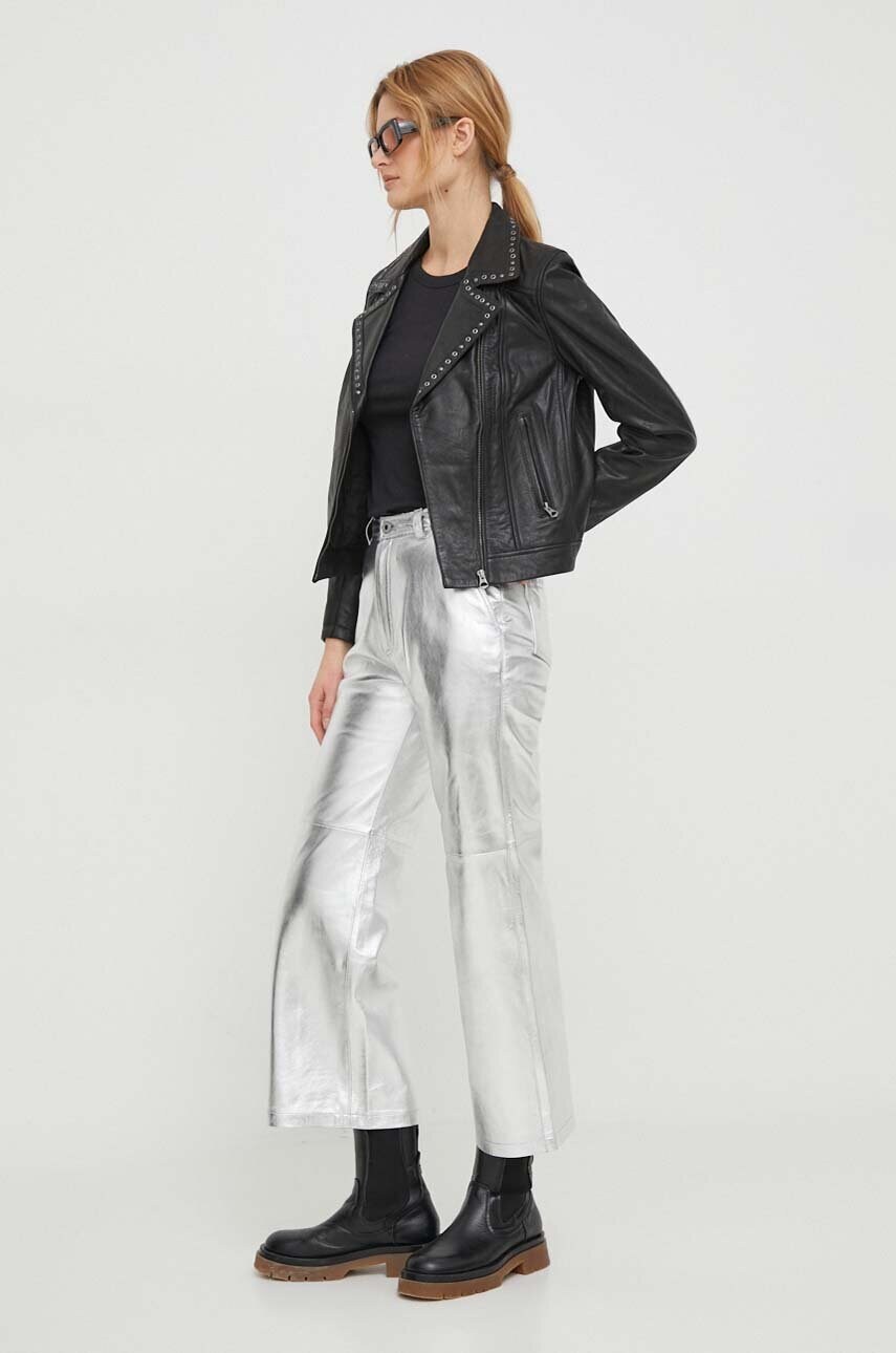 Шкіряні штани Pepe Jeans SASHA SILVER жіночі колір срібний прямі висока посадка PL211694