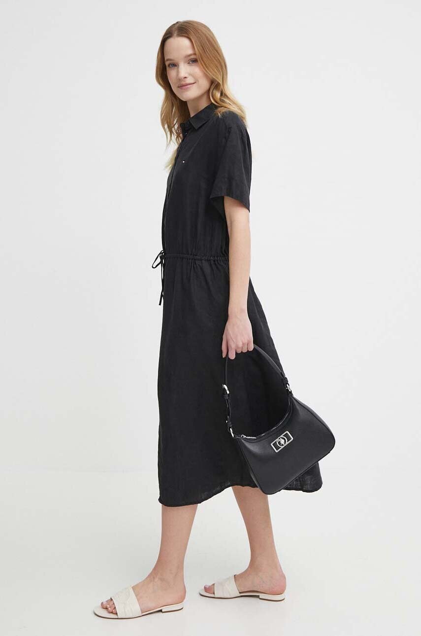 Льняна сукня Tommy Hilfiger колір чорний midi розкльошена WW0WW41911