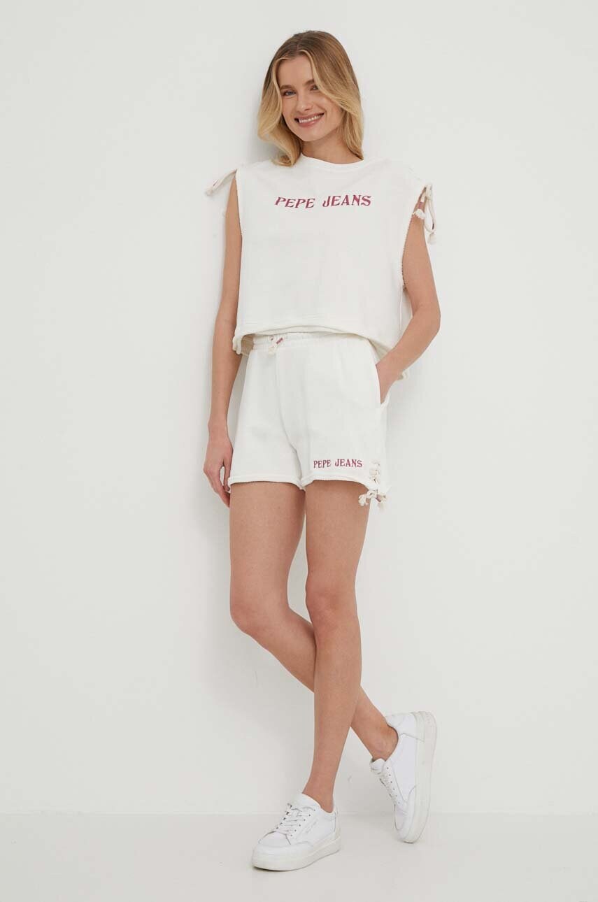 Бавовняні шорти Pepe Jeans Kendall SHORTS колір бежевий з аплікацією висока посадка PL801126