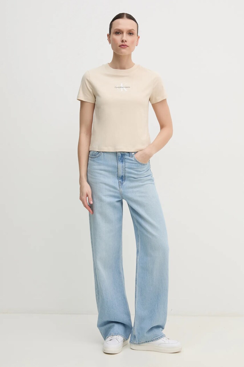 Бавовняна футболка Calvin Klein Jeans жіноча колір бежевий J20J223113
