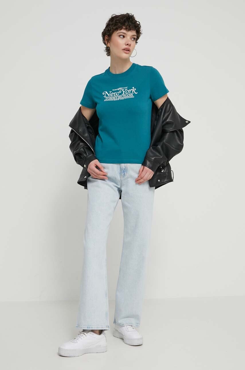 Бавовняна футболка Tommy Jeans жіночий колір бірюзовий