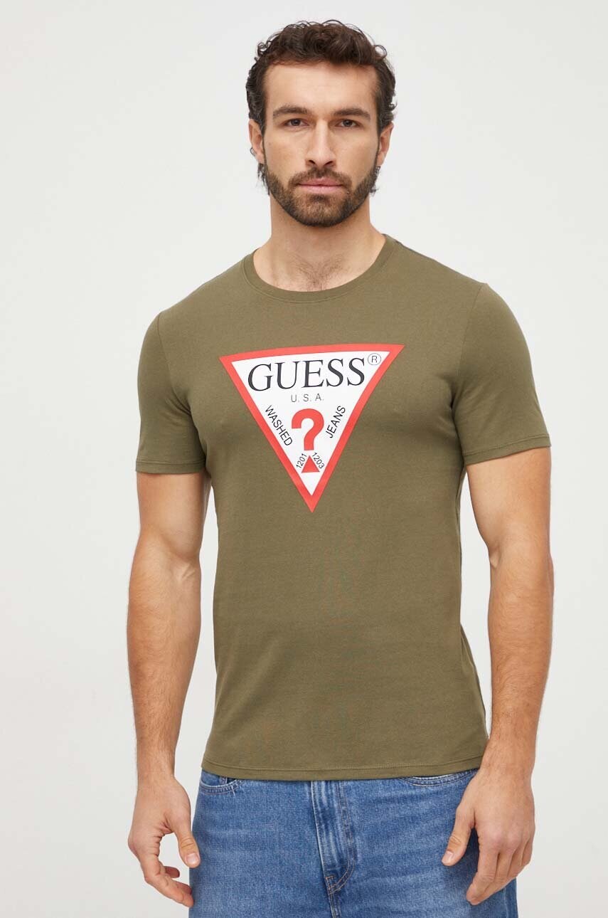 Бавовняна футболка Guess чоловічий колір зелений з принтом