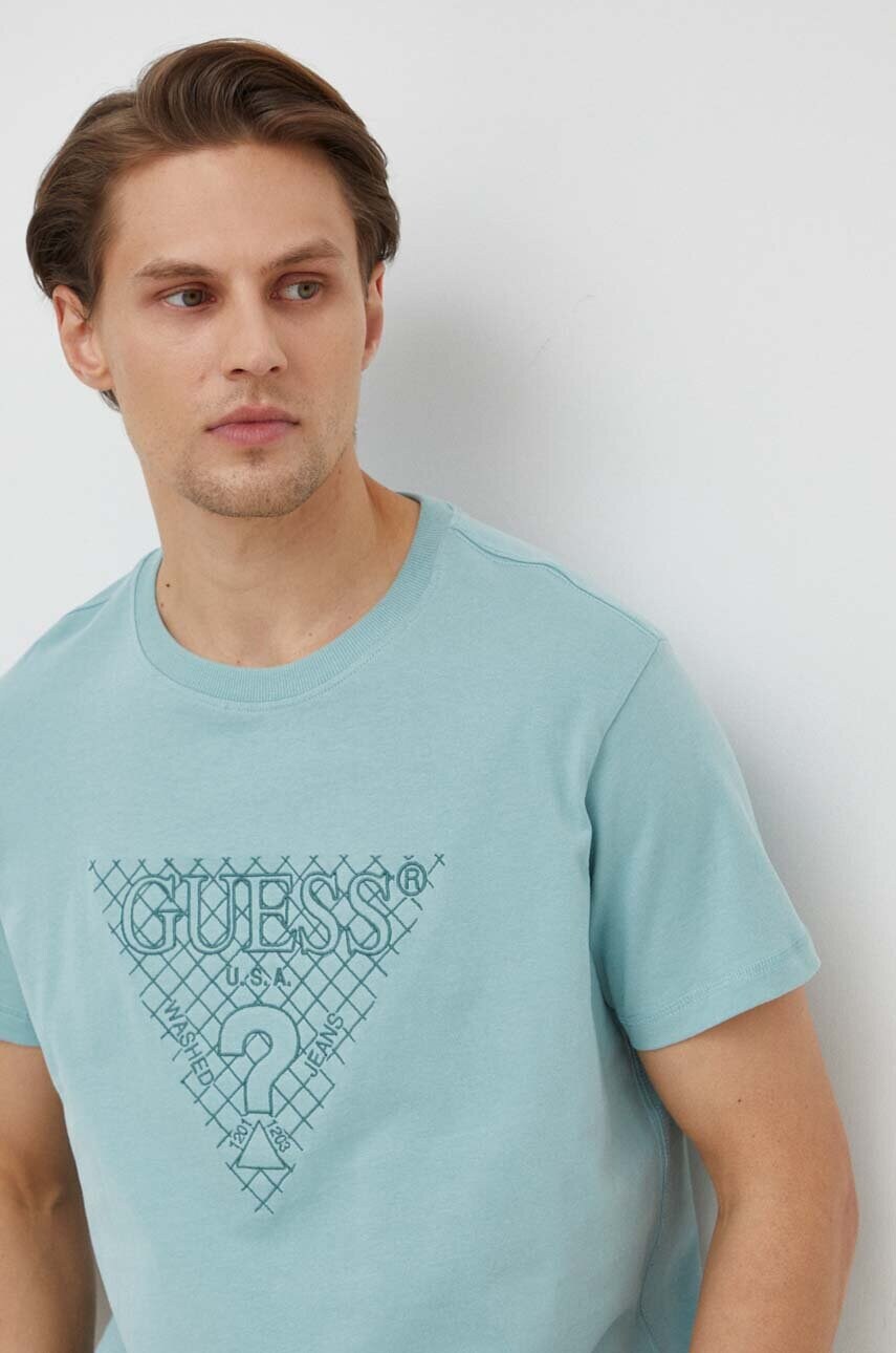 Бавовняна футболка Guess чоловічий колір бірюзовий з аплікацією