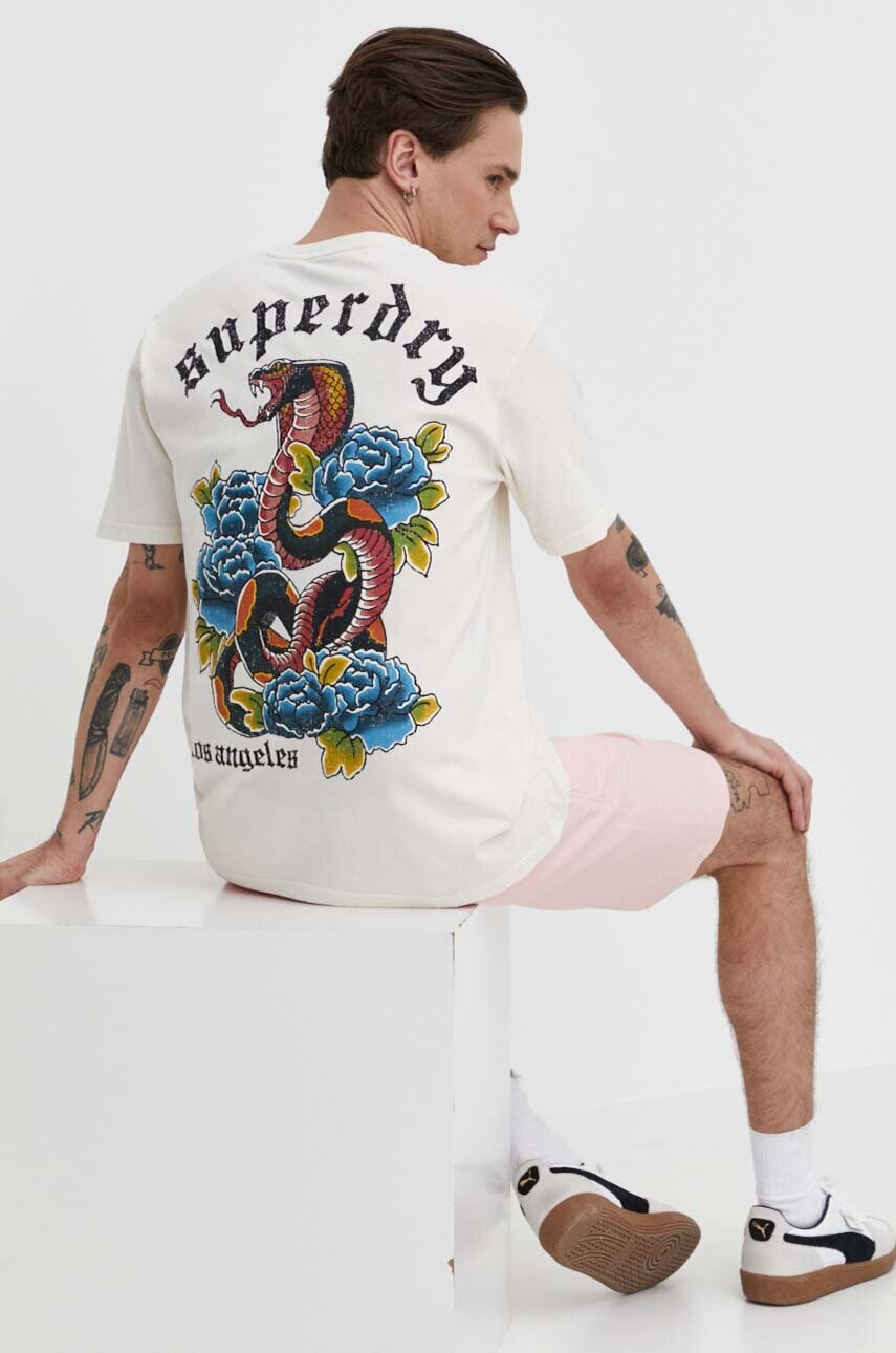 Бавовняна футболка Superdry чоловічий колір бежевий з принтом