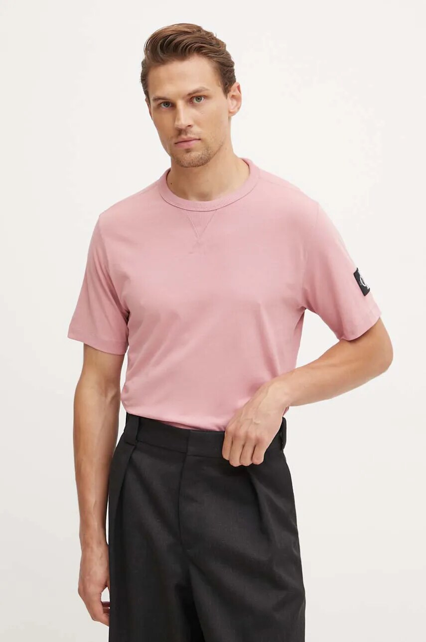 Бавовняна футболка Calvin Klein Jeans чоловіча колір рожевий однотонна J30J323484