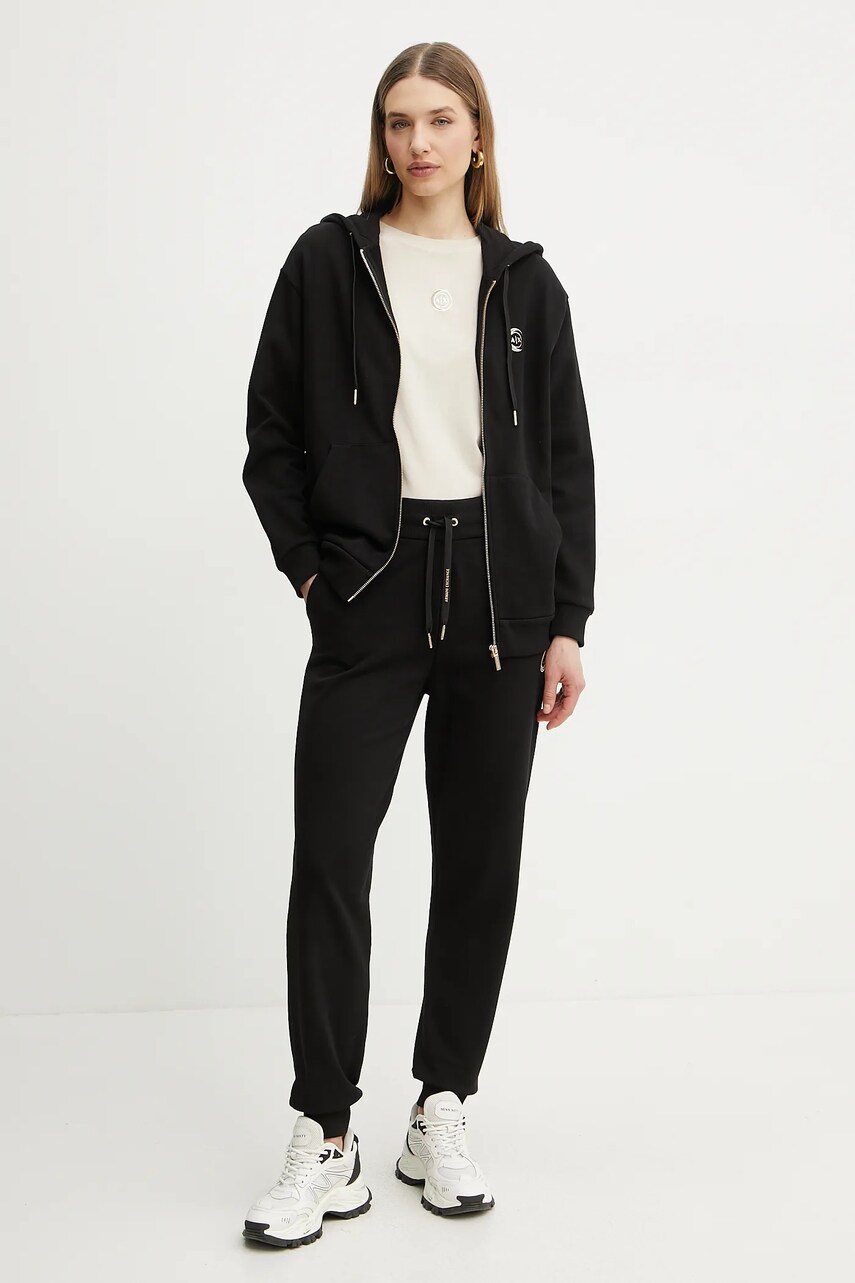 Бавовняна кофта Armani Exchange жіноча колір чорний з капюшоном з принтом XW000318 AF12217