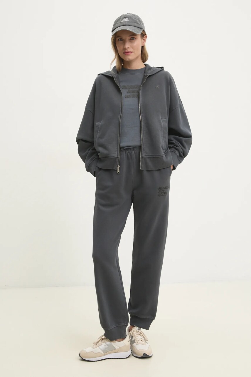 Бавовняна кофта Calvin Klein Jeans жіноча колір сірий з капюшоном однотонна J20J224733