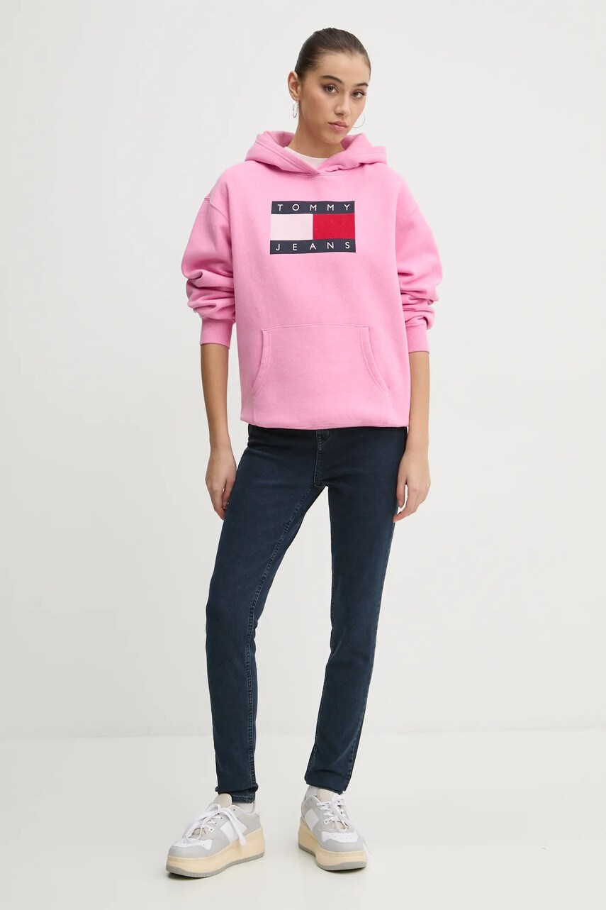 Кофта Tommy Jeans жіноча колір рожевий з капюшоном з принтом DW0DW19407