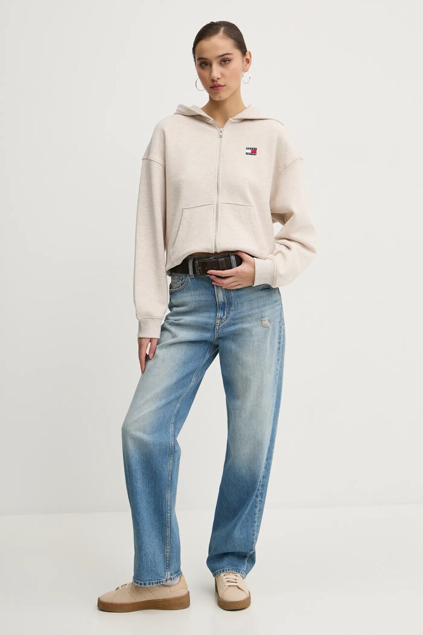Бавовняна кофта Tommy Jeans жіноча колір бежевий з капюшоном однотонна DW0DW19412