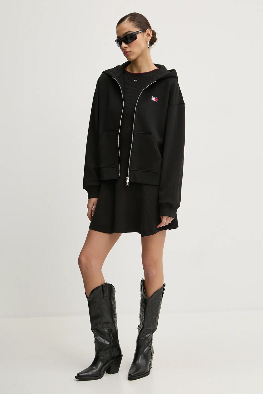 Бавовняна кофта Tommy Jeans жіноча колір чорний з капюшоном однотонна DW0DW19412