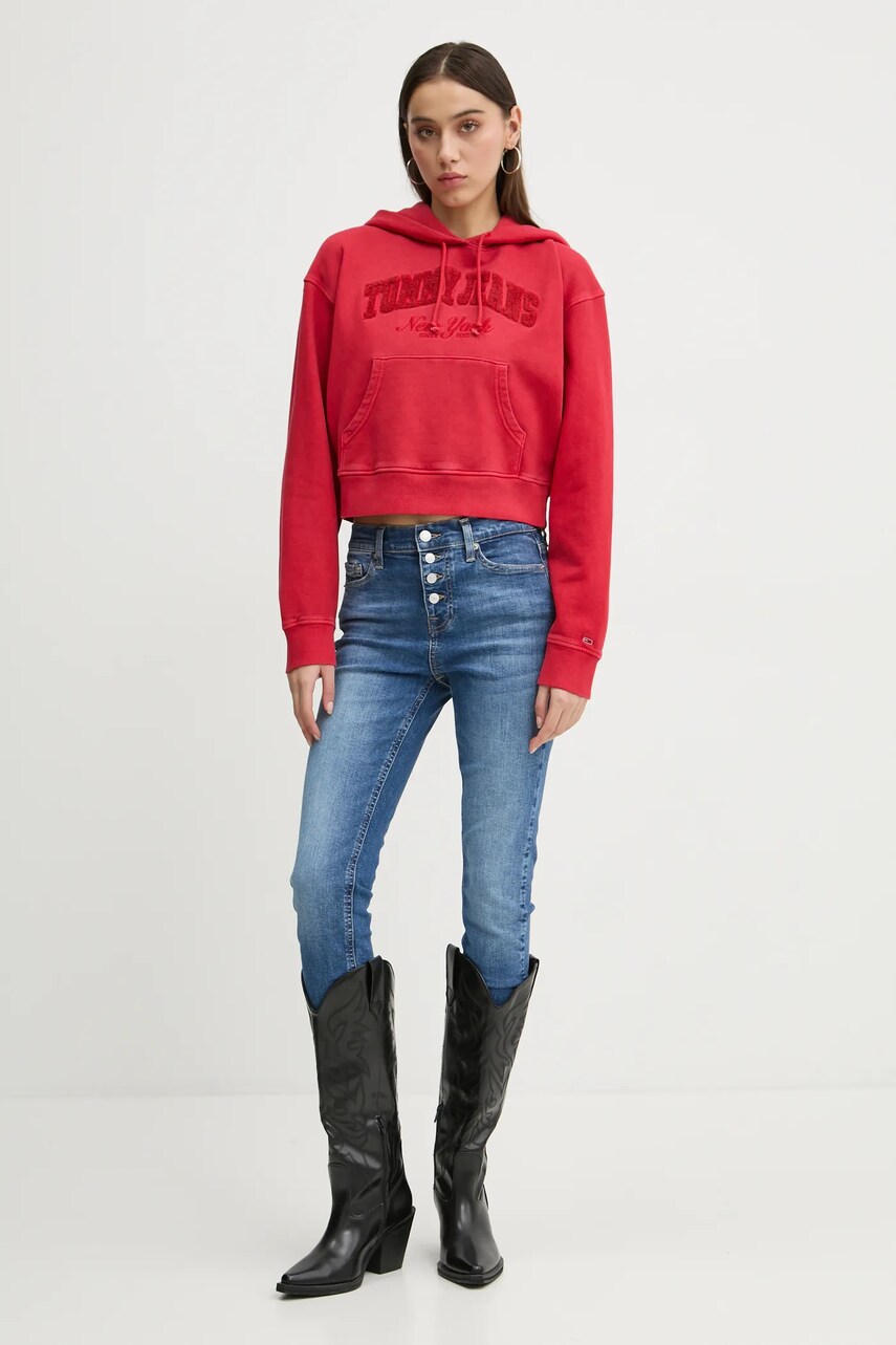 Бавовняна кофта Tommy Jeans жіноча колір червоний з капюшоном з аплікацією DW0DW19413