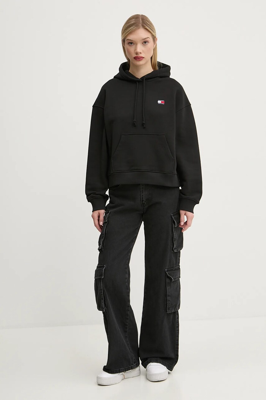 Бавовняна кофта Tommy Jeans жіноча колір чорний з капюшоном з аплікацією DW0DW19414