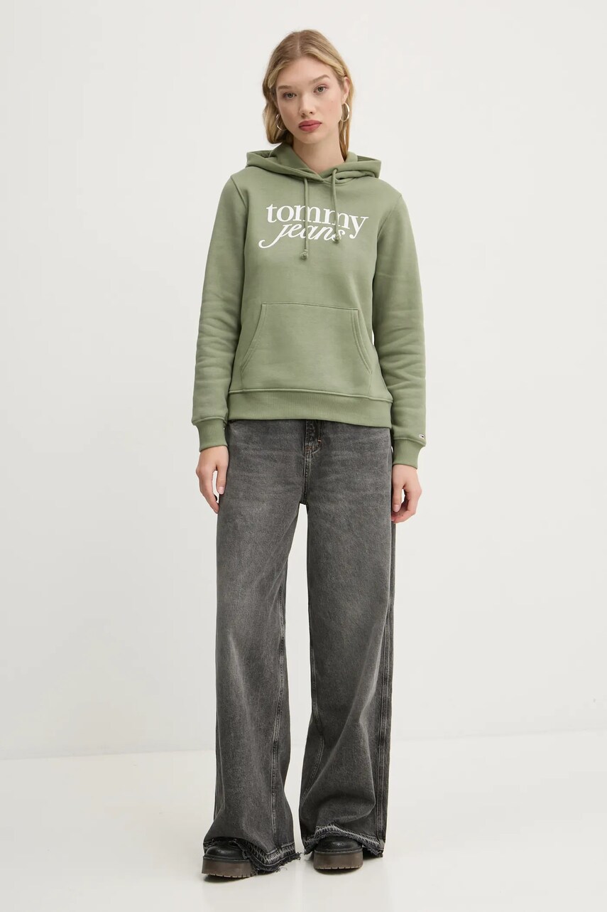Кофта Tommy Jeans жіноча колір зелений з капюшоном з принтом DW0DW20170