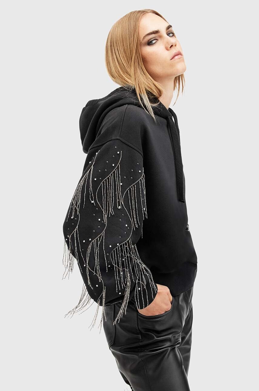 Бавовняна кофта AllSaints LENNON TASSEL жіноча колір чорний з капюшоном з аплікацією W002JA