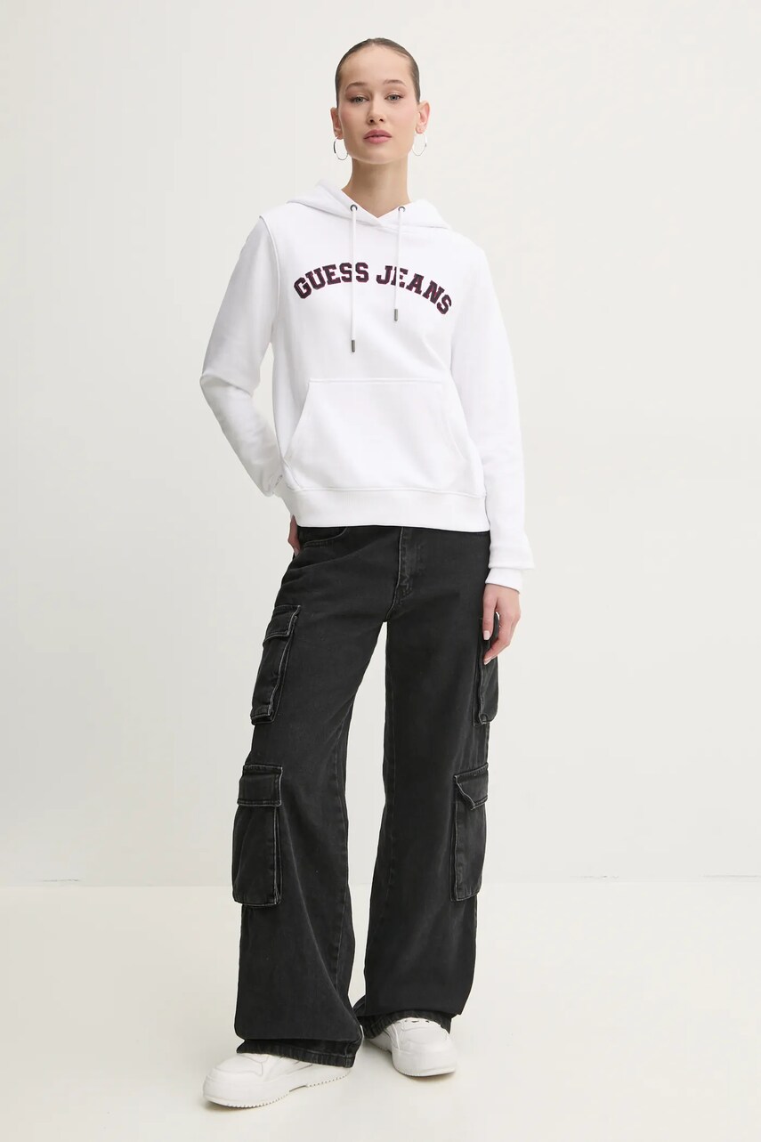 Бавовняна кофта Guess Jeans жіноча колір білий з капюшоном з аплікацією W5RQ17 K68I4