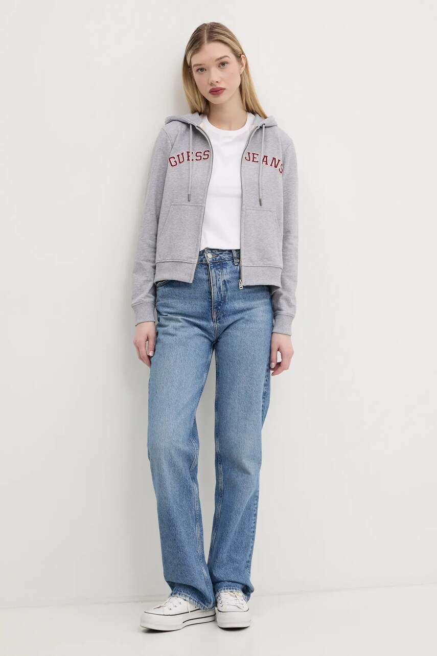 Бавовняна кофта Guess Jeans жіноча колір сірий з капюшоном меланж W5RQ20 K68I4