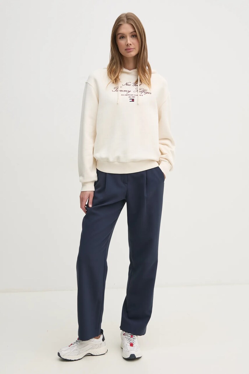 Бавовняна кофта Tommy Hilfiger жіноча колір бежевий з капюшоном з аплікацією WW0WW43842