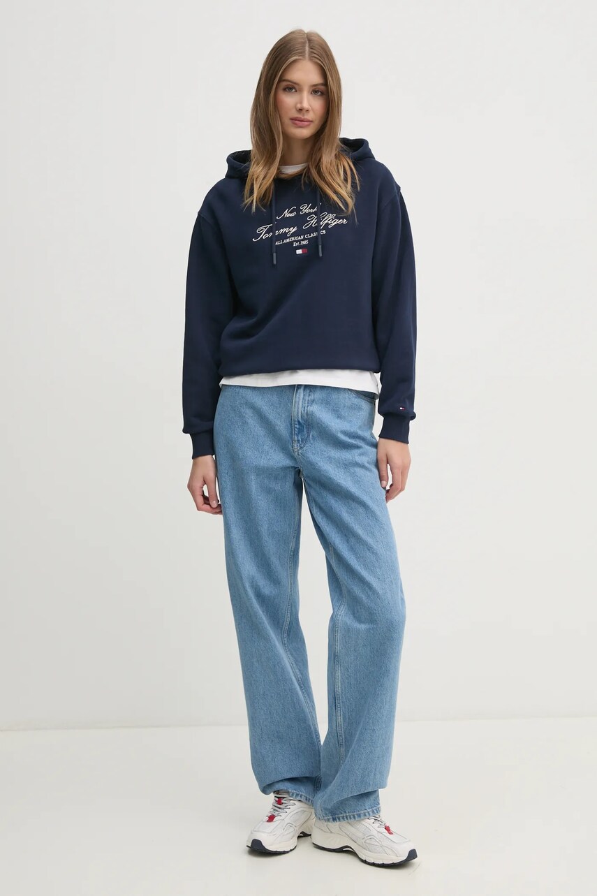 Бавовняна кофта Tommy Hilfiger жіноча колір синій з капюшоном з аплікацією WW0WW43842
