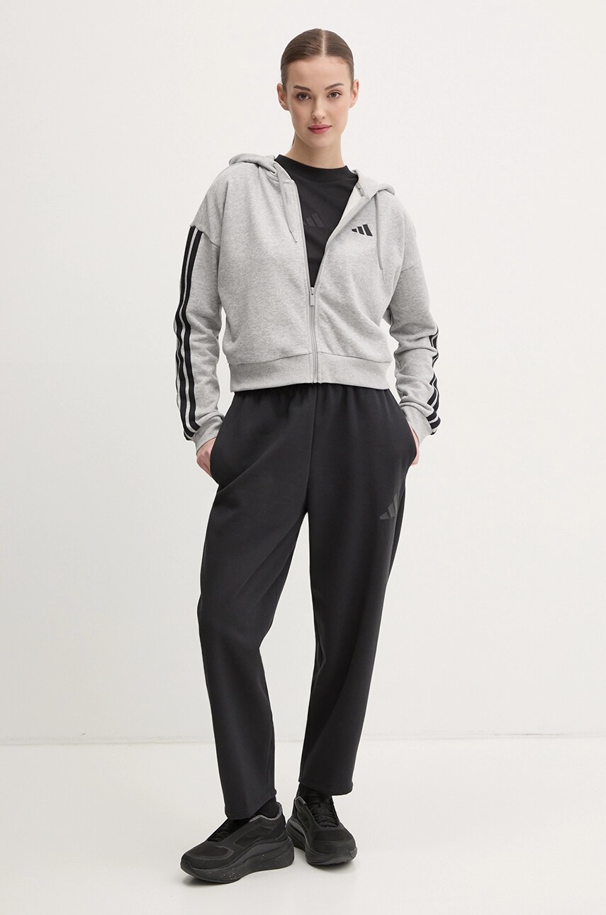 Кофта adidas Essentials жіноча колір сірий з капюшоном з аплікацією JE0055
