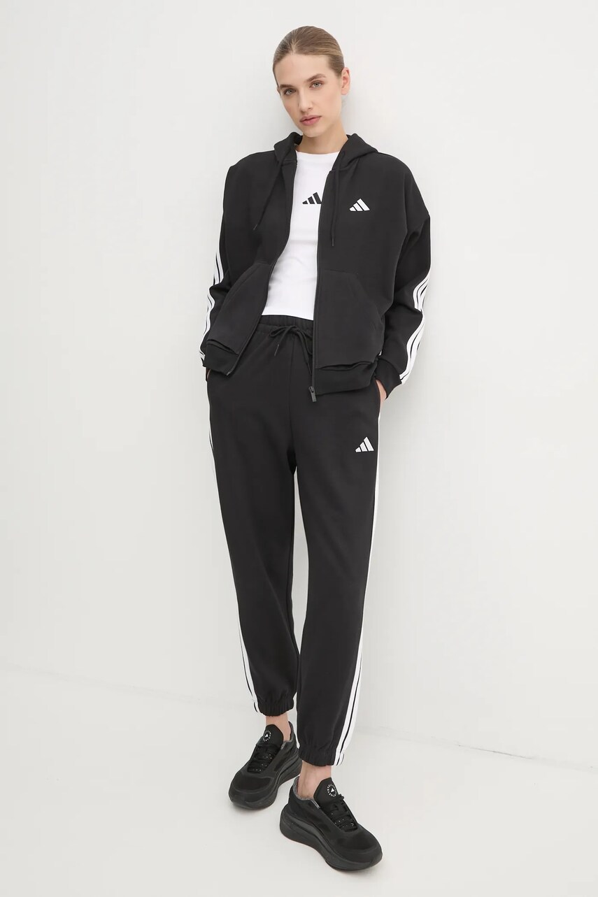 Кофта adidas Essentials жіноча колір чорний з капюшоном з аплікацією JE1283