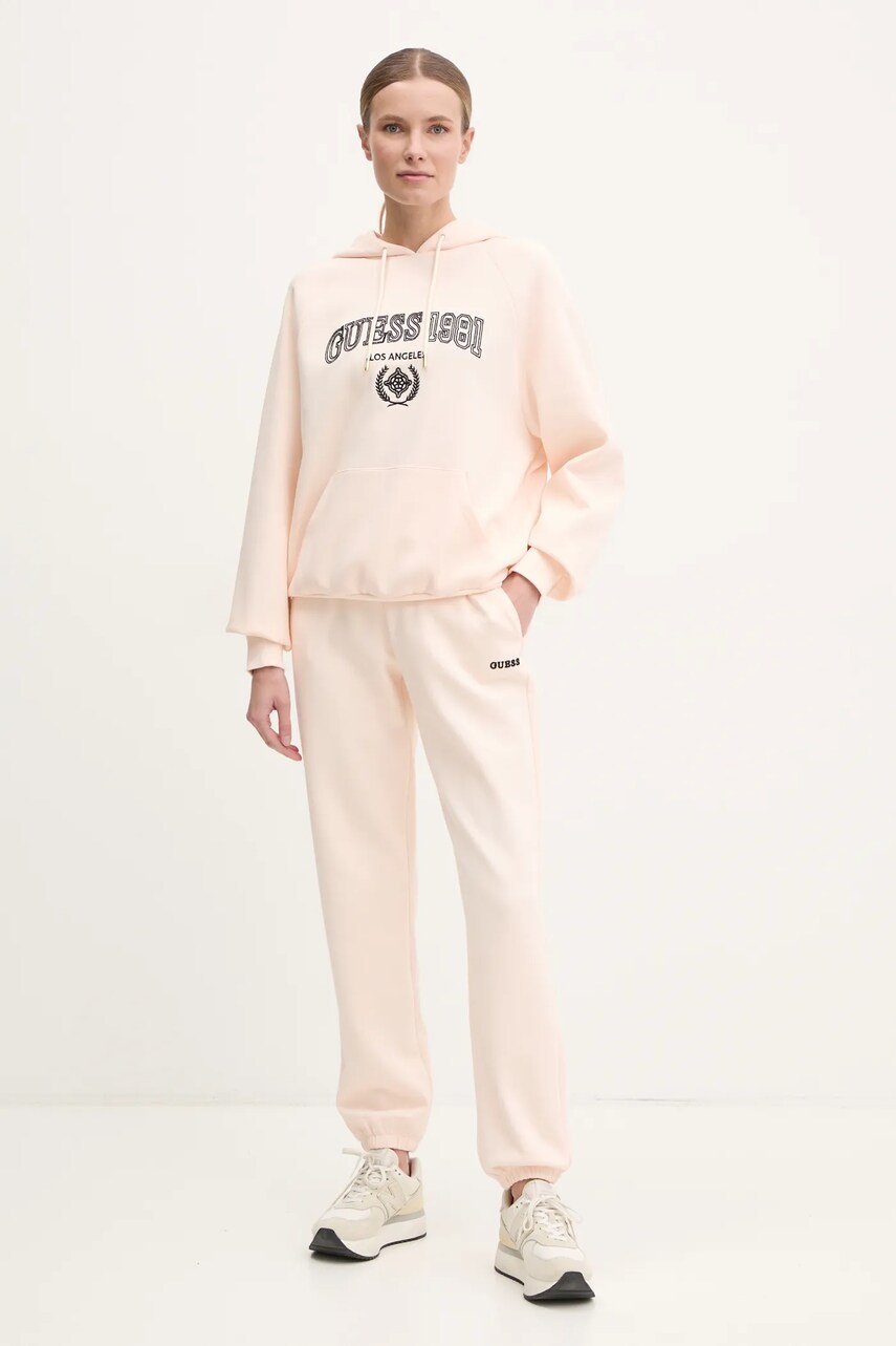 Кофта Guess MARGARET жіноча колір бежевий з капюшоном з аплікацією V5RQ02 KCLD1