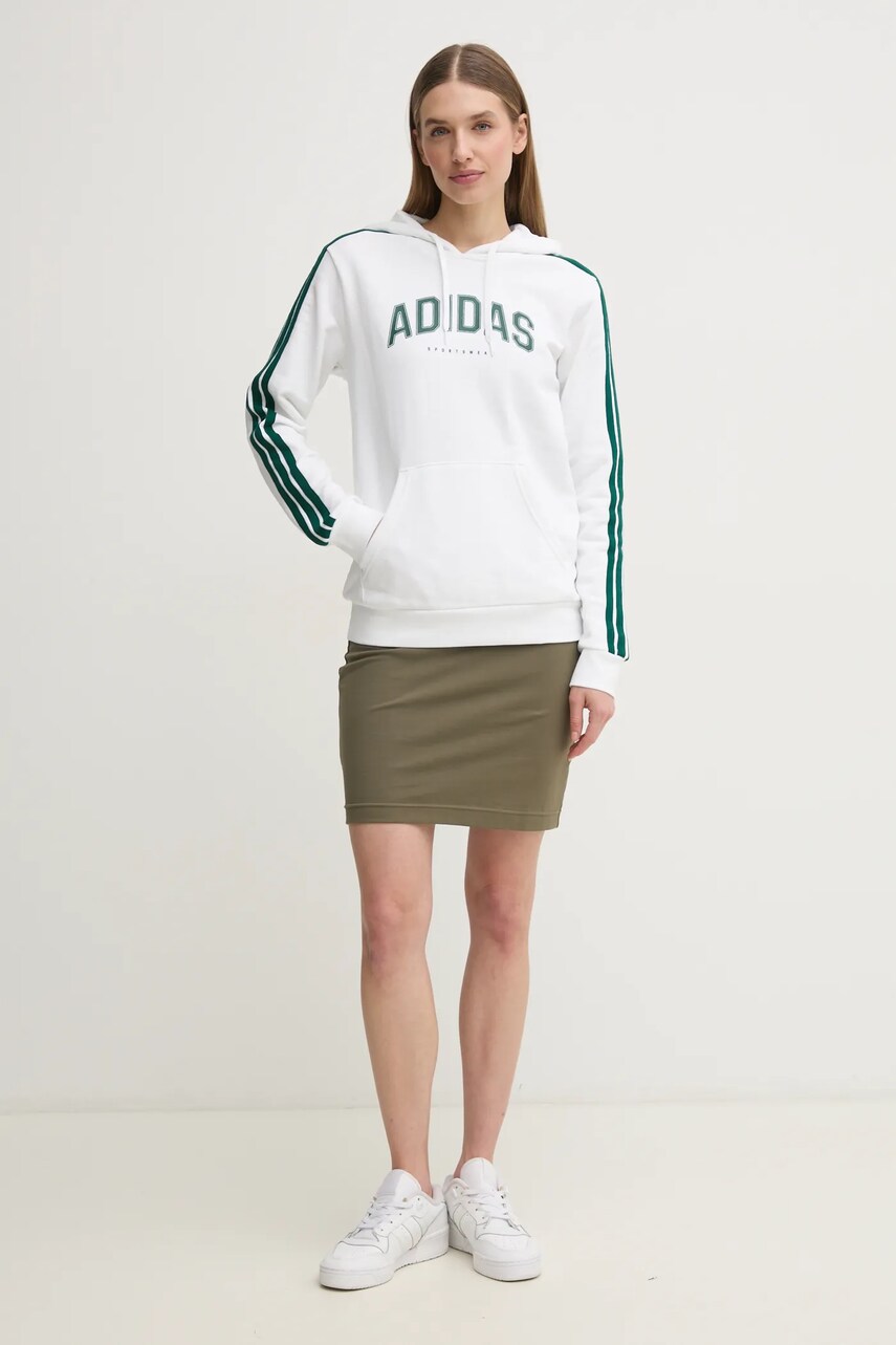 Кофта adidas W L SOFTS Collegiate жіноча колір білий з капюшоном з принтом JV9149