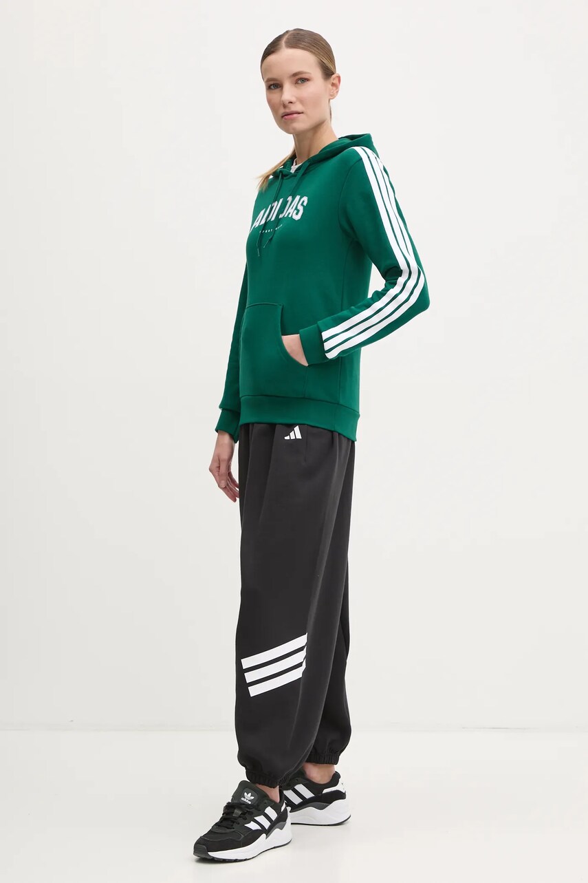Кофта adidas W L SOFTS Collegiate жіноча колір зелений з капюшоном з принтом JV9154