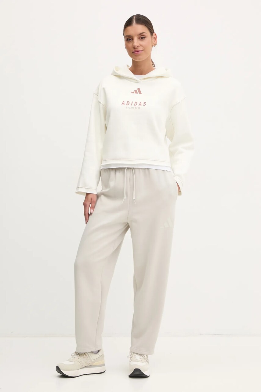 Кофта adidas ALL SZN Graphic жіноча колір бежевий з капюшоном з принтом JJ4517