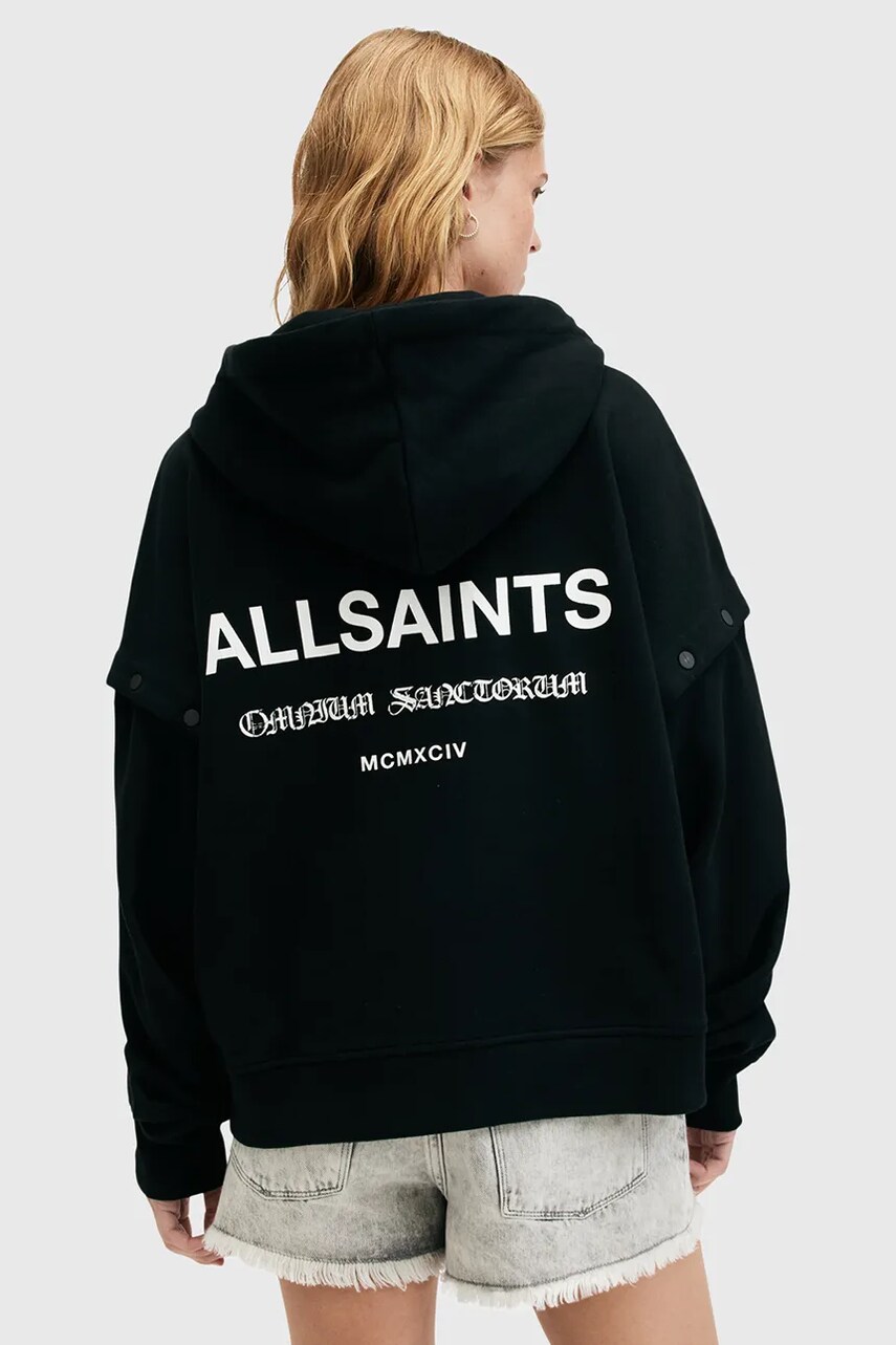 Бавовняна кофта AllSaints OMNIUM жіноча колір чорний з капюшоном з принтом W138JB