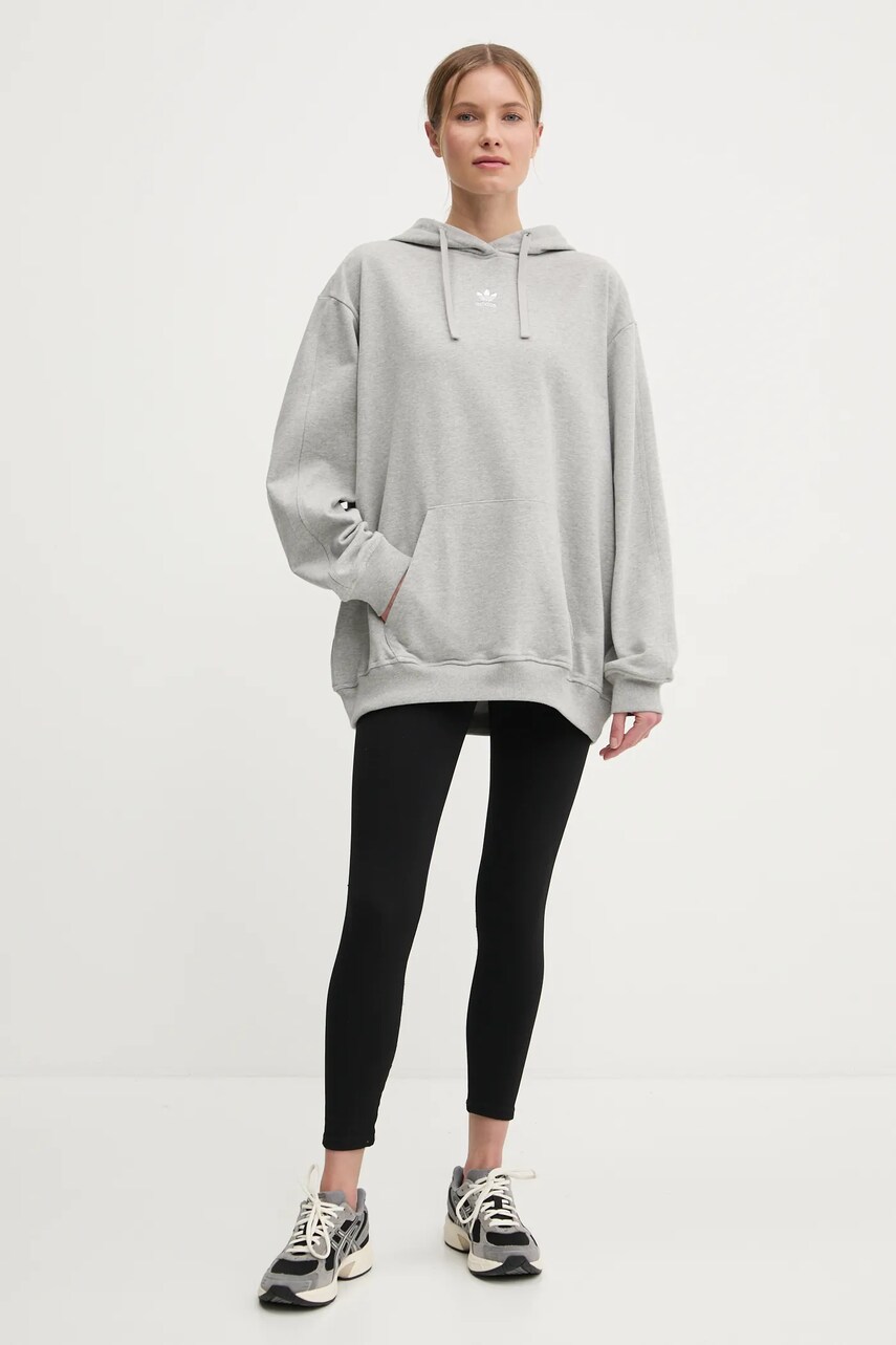 Бавовняна кофта adidas Originals Essential жіноча колір сірий з капюшоном з аплікацією IY9616