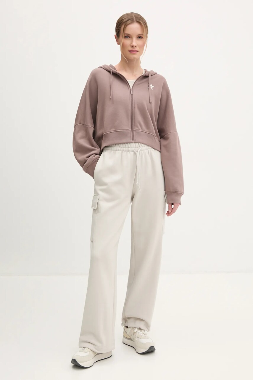 Кофта adidas Originals Essential жіноча колір коричневий з капюшоном однотонна JN7846