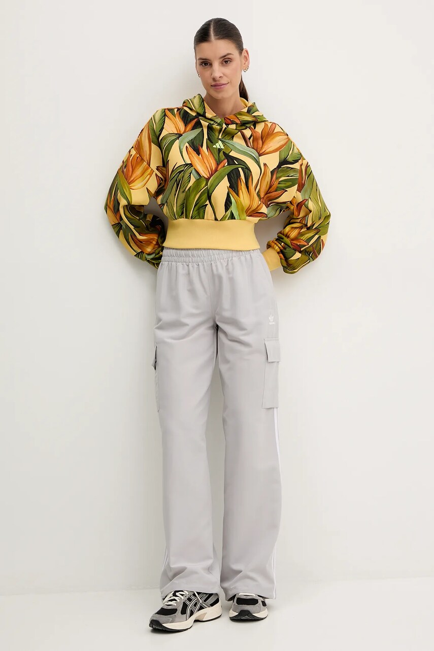 Бавовняна кофта adidas x Farm Rio жіноча колір жовтий з капюшоном візерунок JD6282