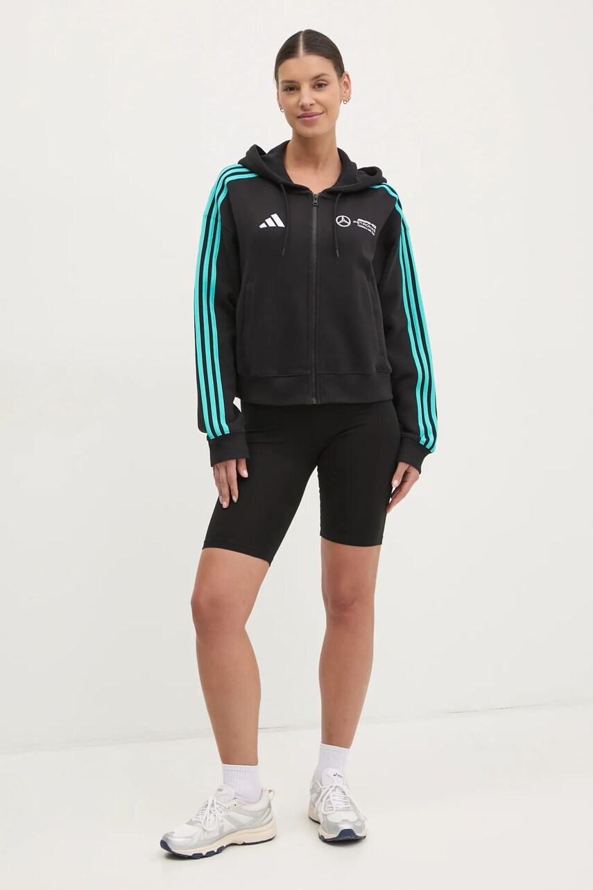 Бавовняна кофта adidas x Mercedes жіноча колір чорний з капюшоном з принтом JV5436