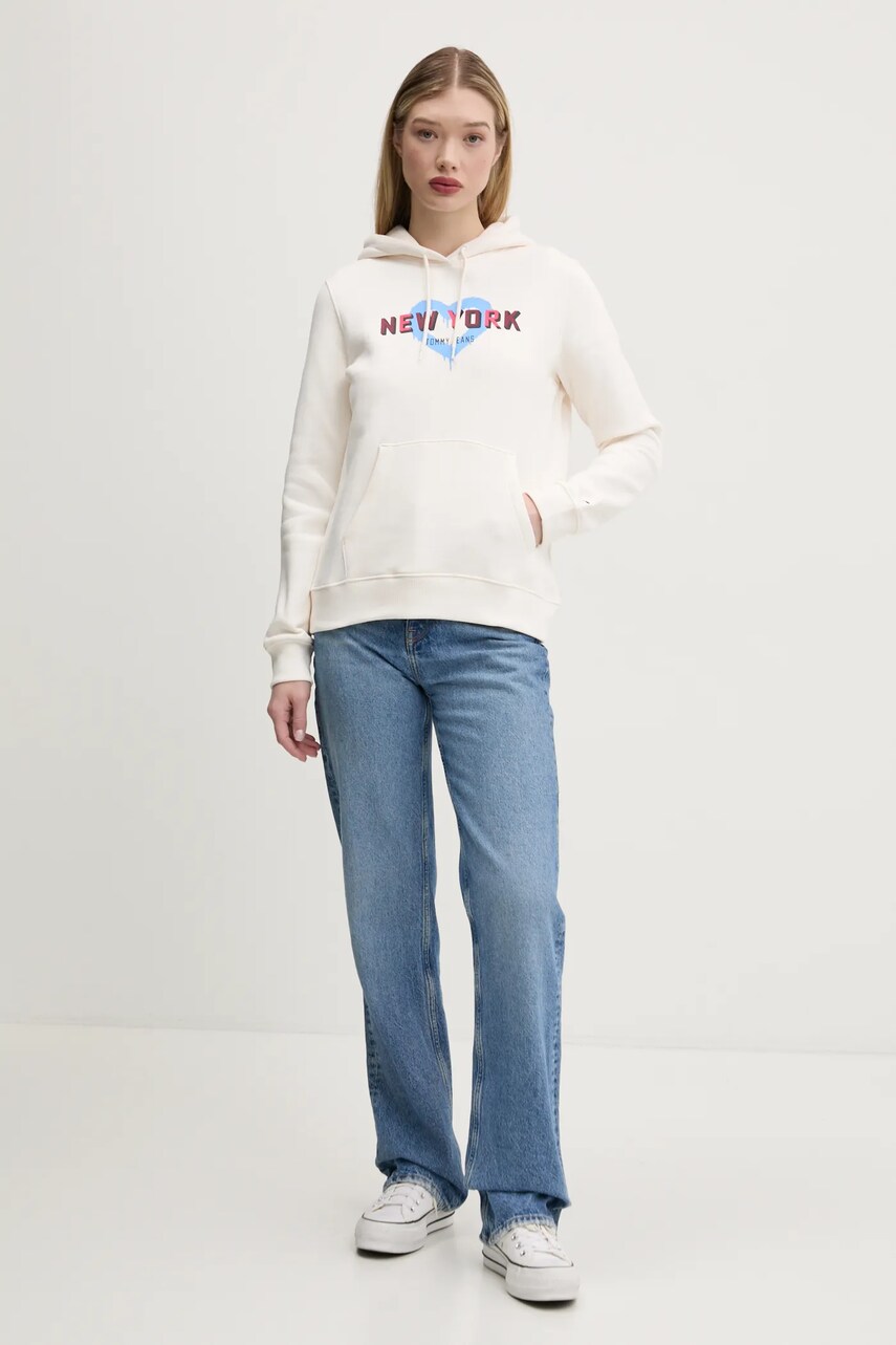 Кофта Tommy Jeans жіноча колір бежевий з капюшоном з принтом DW0DW21771