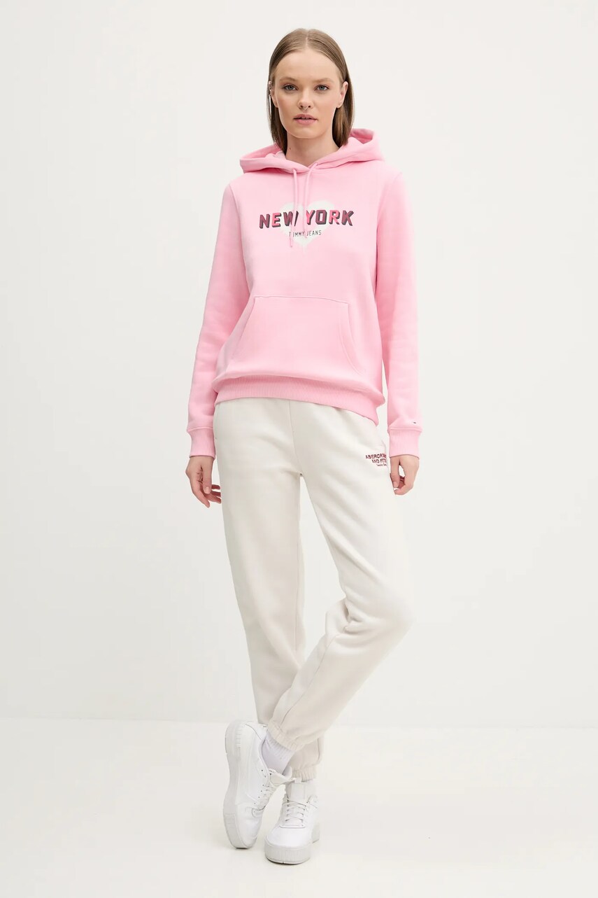 Кофта Tommy Jeans жіноча колір рожевий з капюшоном з принтом DW0DW21771