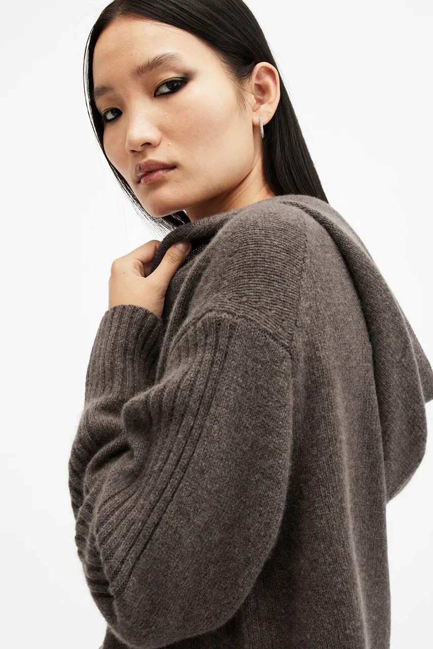 Шерстяна кофта AllSaints INES колір коричневий з капюшоном однотонна W074KB