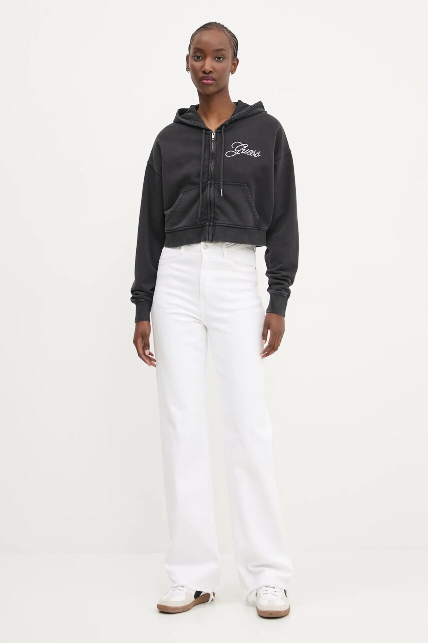 Бавовняна кофта Guess Originals жіноча колір чорний з капюшоном однотонна W5RQ13 K68I1