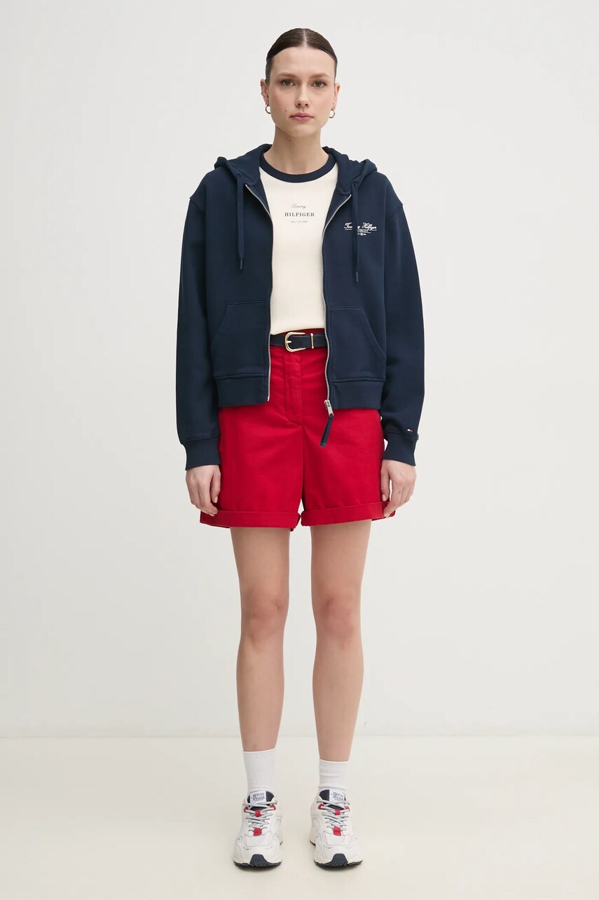 Бавовняна кофта Tommy Hilfiger жіноча колір синій з капюшоном однотонна WW0WW44632