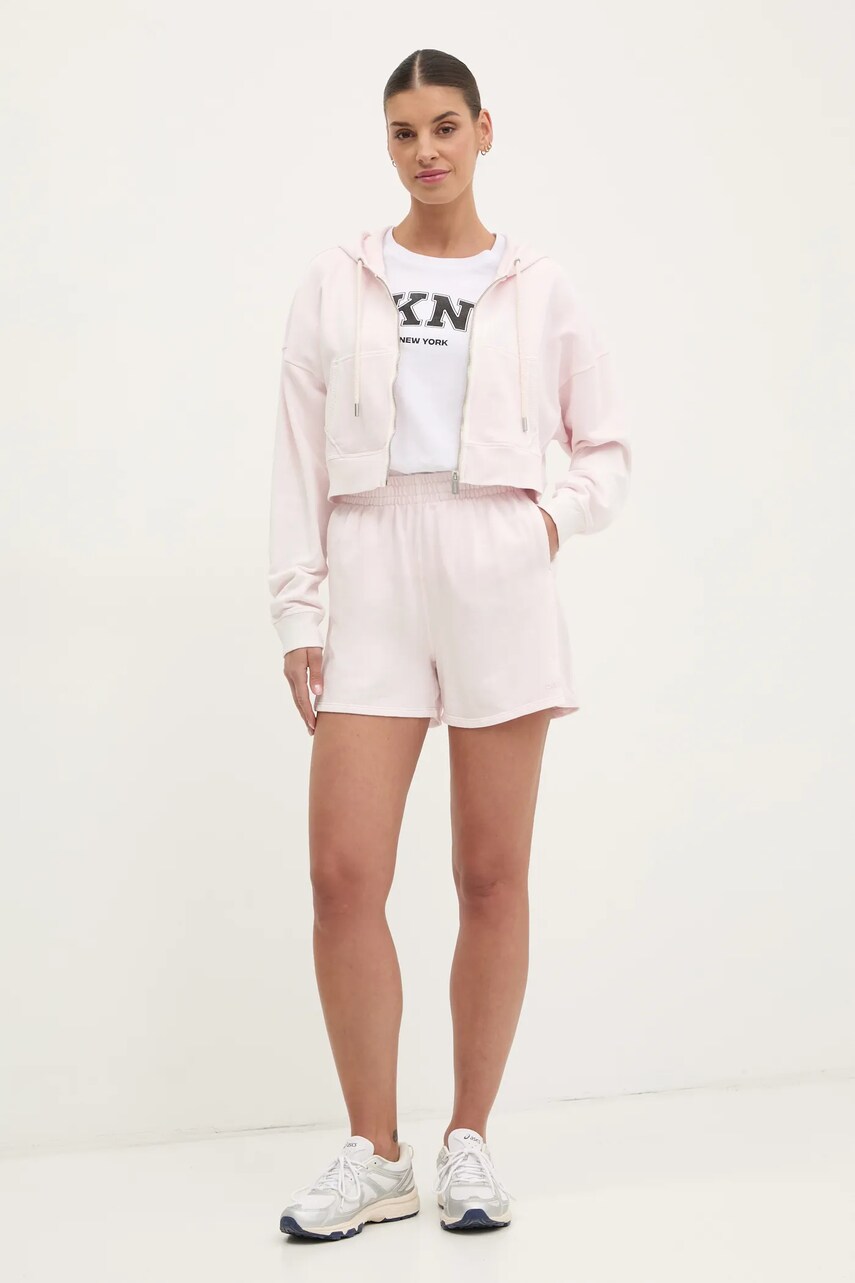Бавовняна кофта Dkny жіноча колір рожевий з капюшоном однотонна DP5J9578