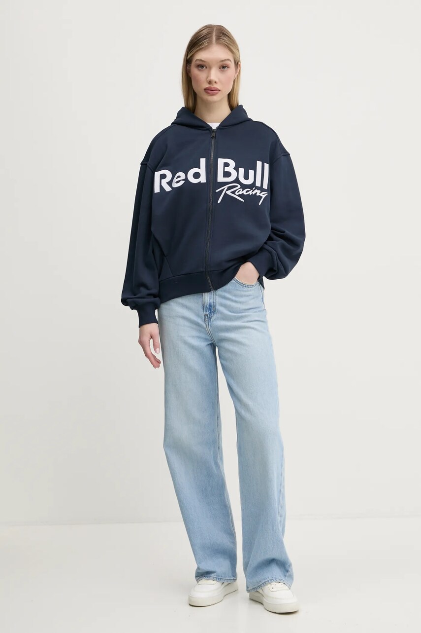 Бавовняна кофта Red Bull Racing x Pepe Jeans LOGO ZIP HOODIE жіноча колір синій з капюшоном з аплікацією RL580011